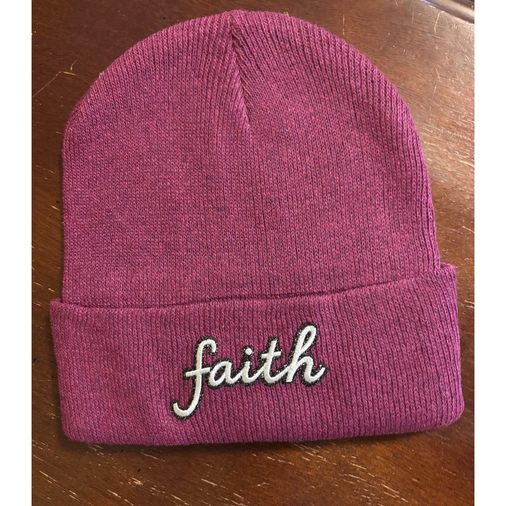 Handmade Faith Embroidered Cuffed Beanie Hat Heather Purple Knit Winter Cap